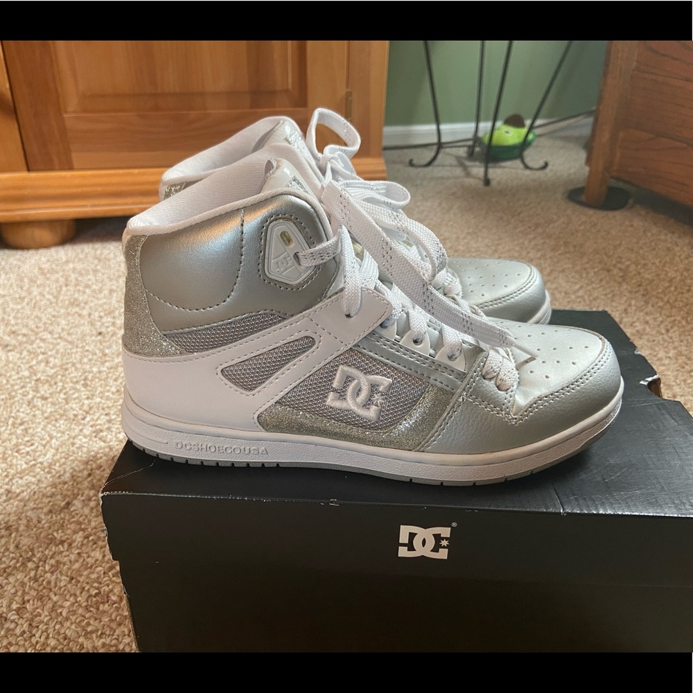 D.C. White/Silver/Glitter Rebound Hightop Sneakers